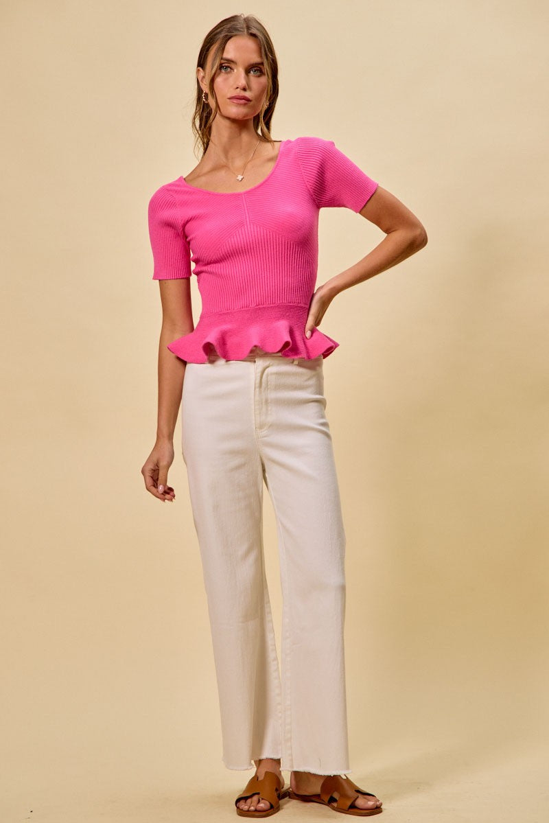 SO ME Ribbed Knit Short Sleeves Peplum