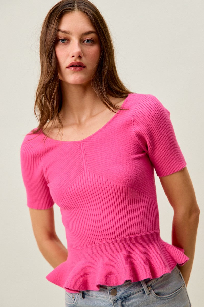 SO ME Ribbed Knit Short Sleeves Peplum