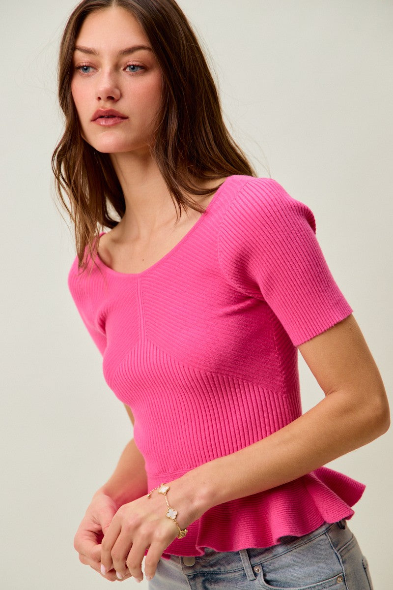 SO ME Ribbed Knit Short Sleeves Peplum