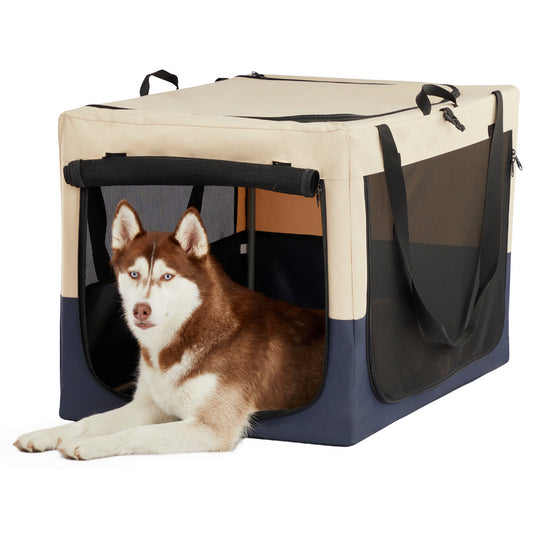 Adjustable Fabric Dog Crate with Strengthened Sewing and 3-Door Design, White and Blue, Oxford Fabric