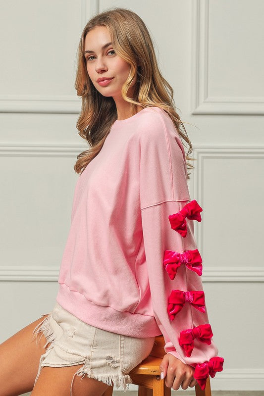 BiBi Velvet Ribbon Bows Long Sleeve Round Neck Sweatshirt