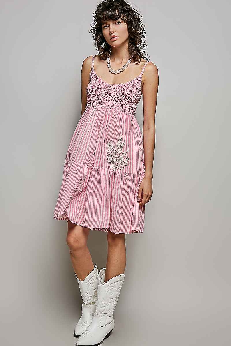 POL Striped Smocked Embroidered Mini Dress