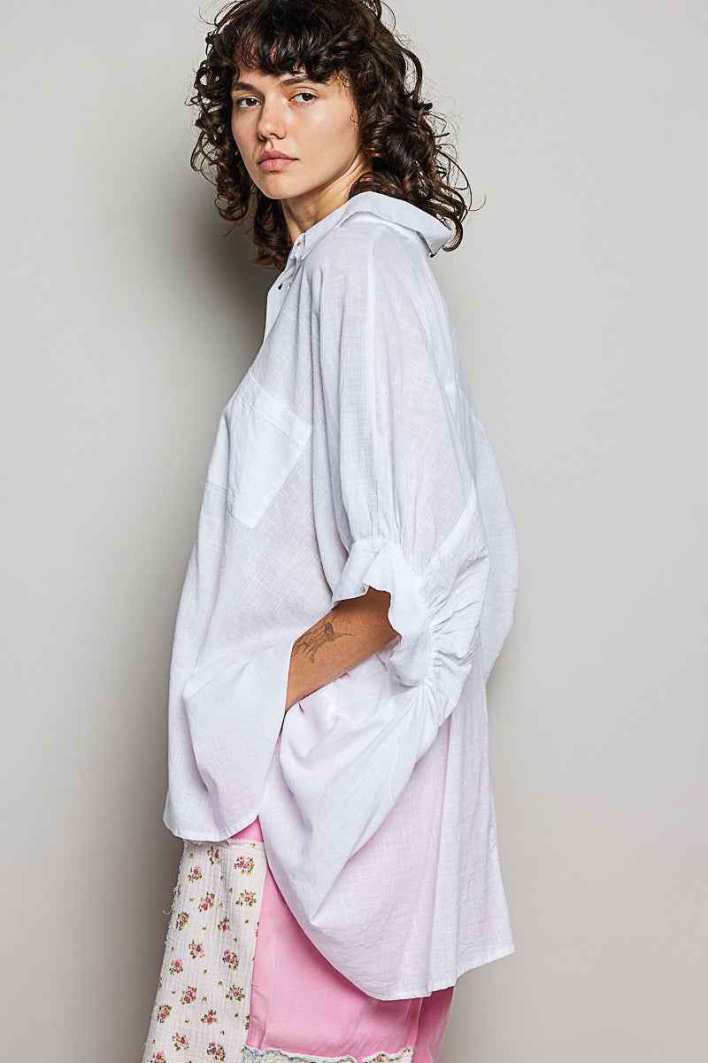 POL Button Down Half Dolman Sleeve Shirt