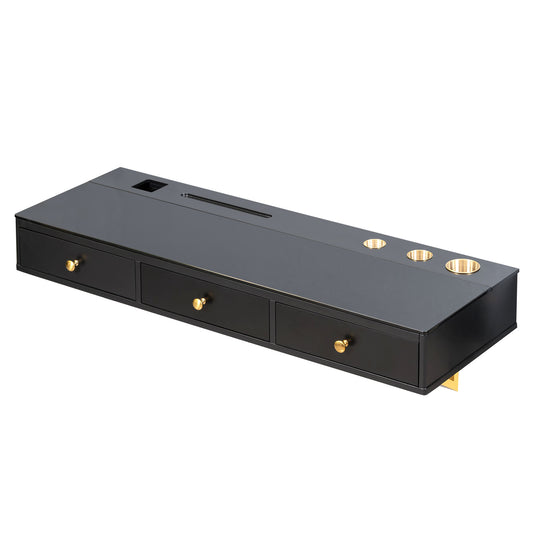 GO 47' Floating Shelf with Drawer, Multi-Purpose Wall-Mounted Vanity Table, Mounted Desk, Black and Golden, MDF+Glass