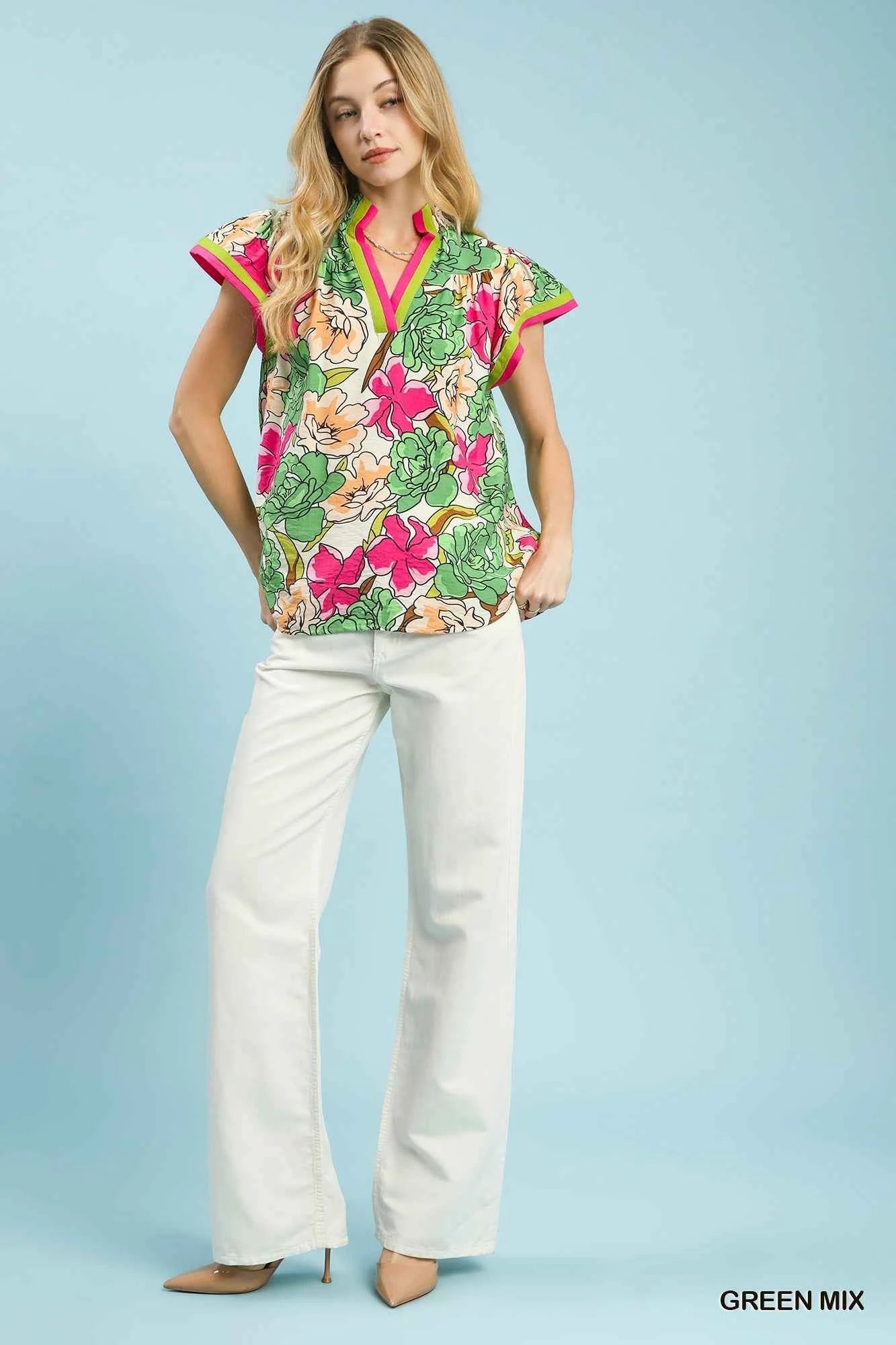 Umgee Floral Print Blouse with Contrast Trim