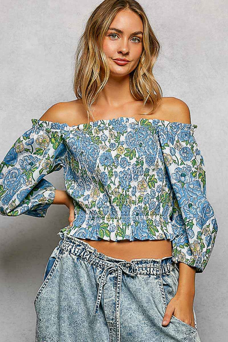 POL Floral Print Smocked Off-Shoulder Blouse