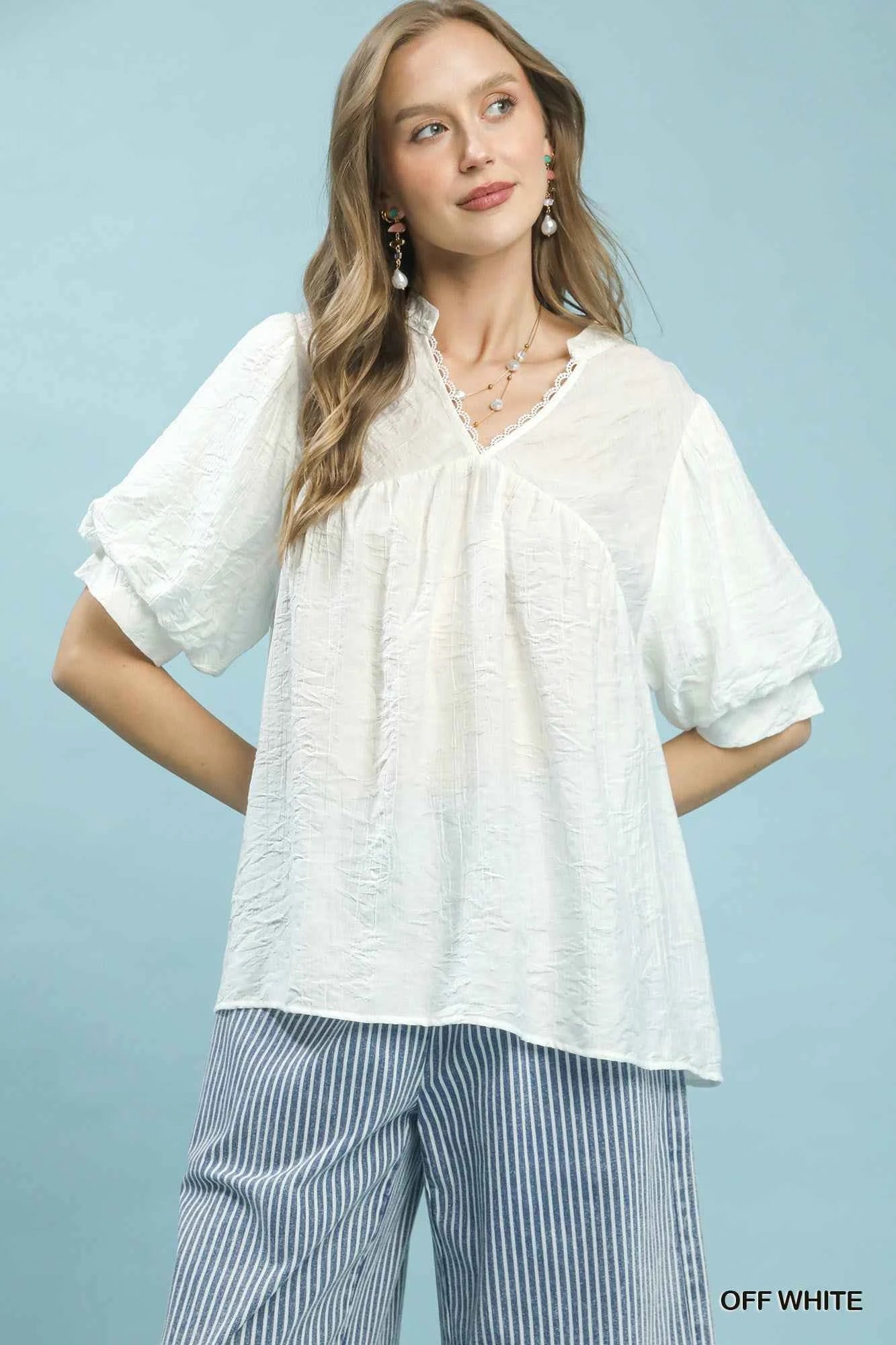 Umgee Textured Lace Trim V-Neck Boho Blouse
