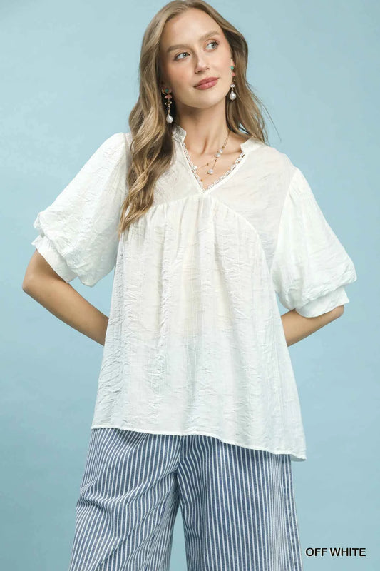 Umgee Textured Lace Trim V-Neck Boho Blouse