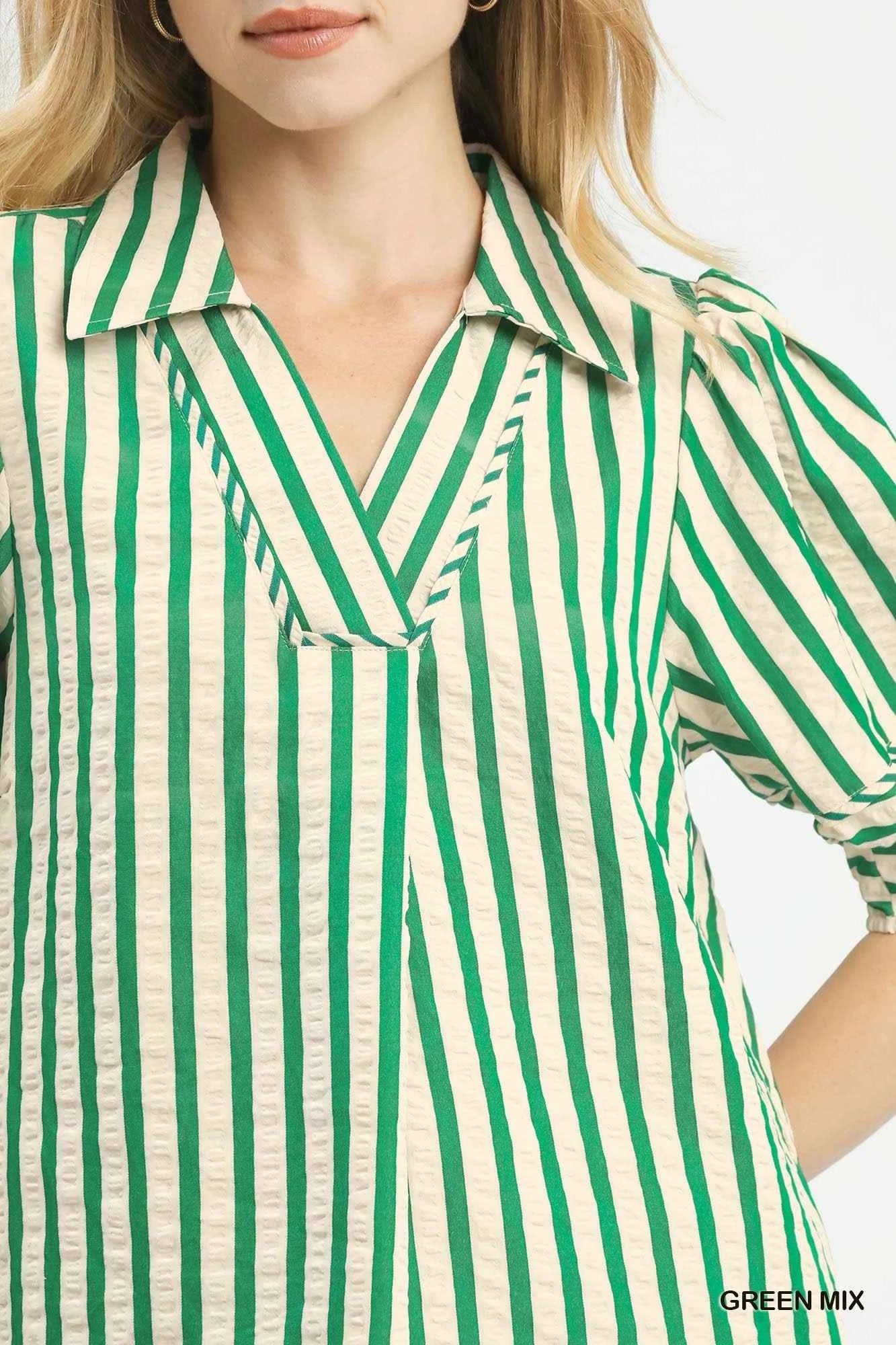 Umgee Striped Puff Sleeve Blouse