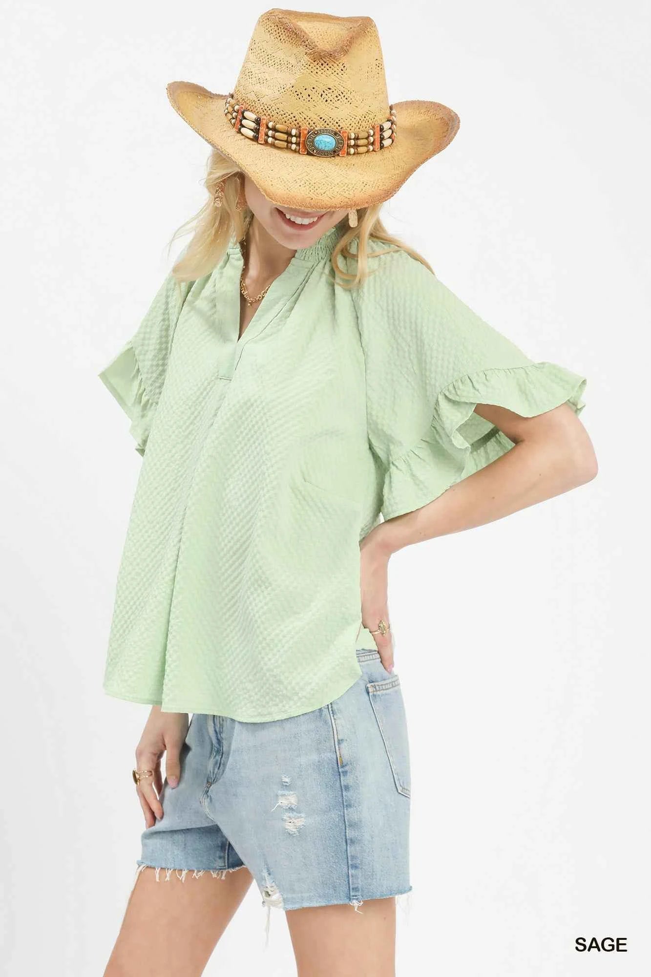 Umgee Textured Ruffle Sleeve Blouse