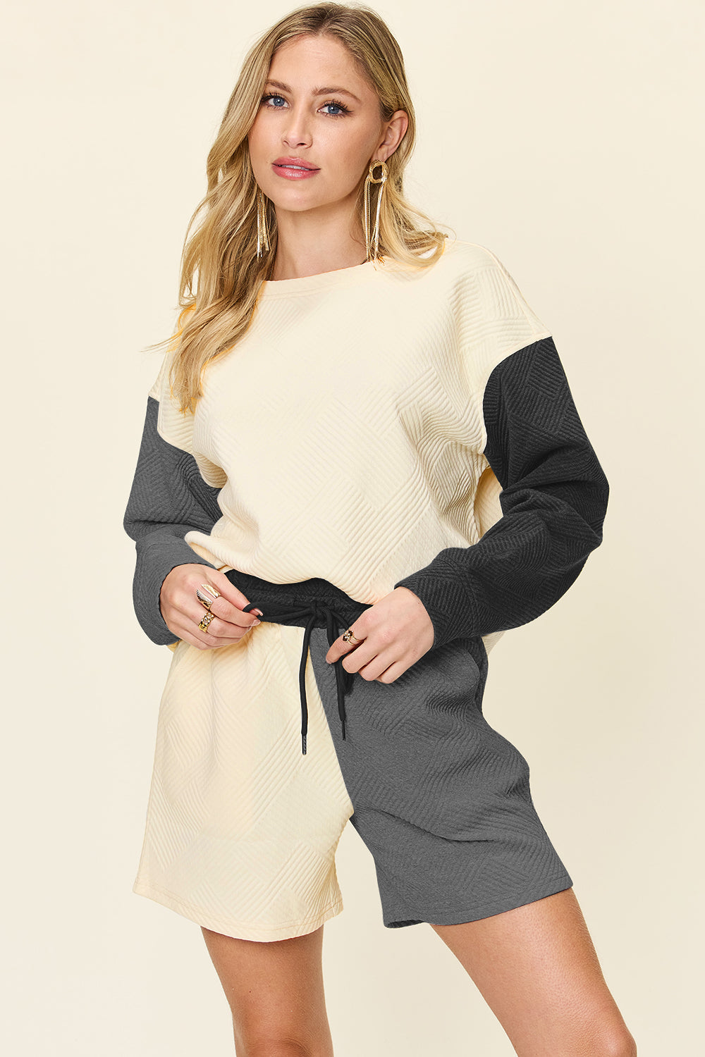 Double Take Contrast Drop Shoulder Set - Trendy Top and Shorts Combination