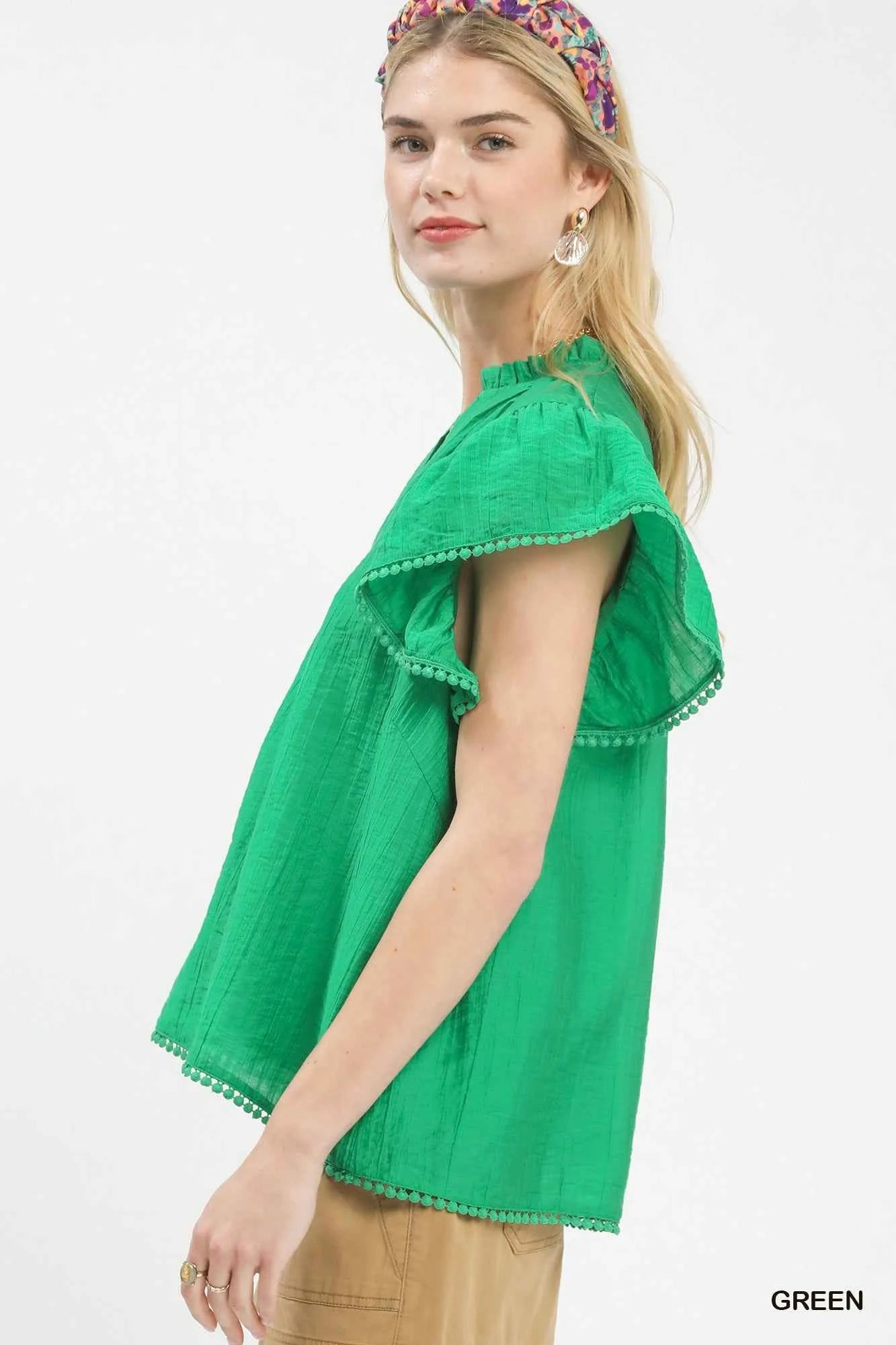 Umgee Flutter Sleeve Relaxed Top with Trim Detail