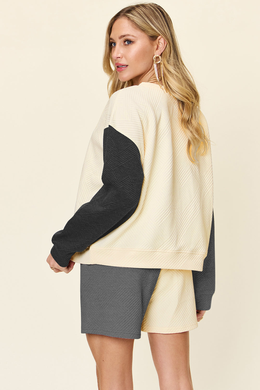 Double Take Contrast Drop Shoulder Set - Trendy Top and Shorts Combination