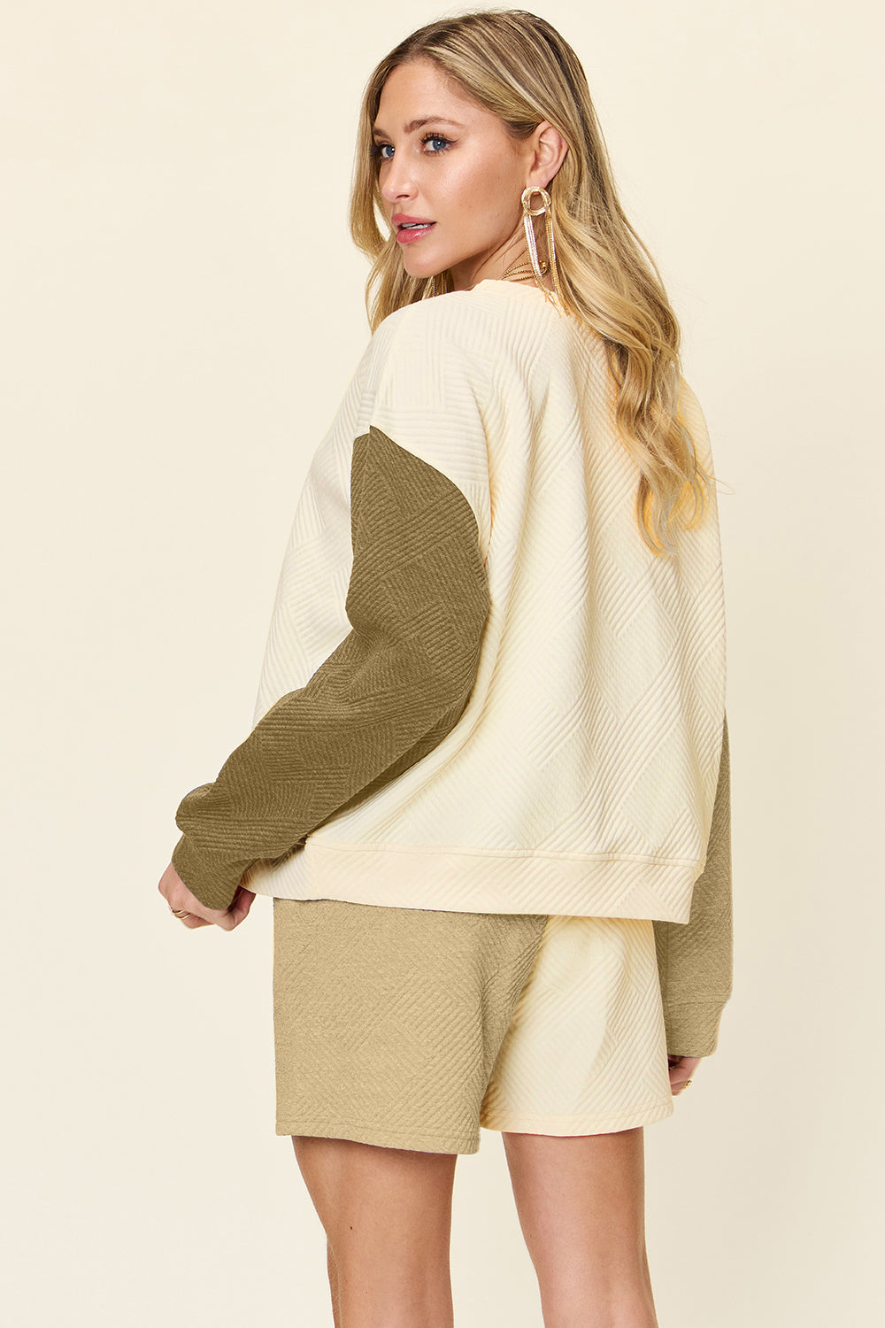 Double Take Contrast Drop Shoulder Set - Trendy Top and Shorts Combination
