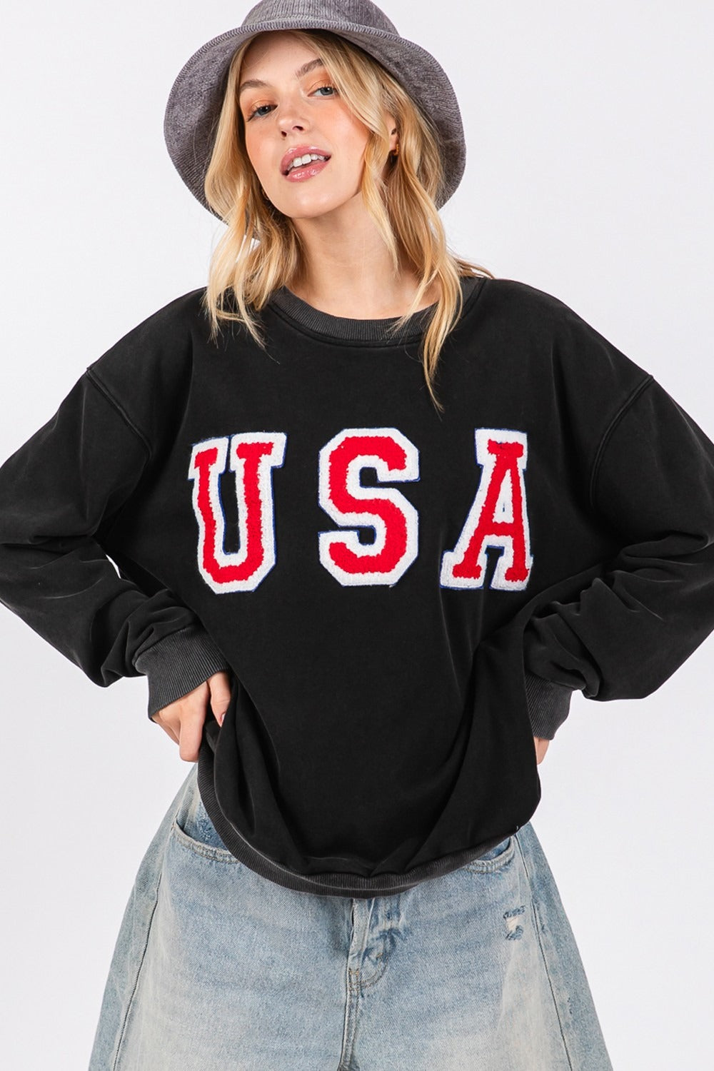 Sage + Fig USA Letter Patch Round Neck Sweatshirt