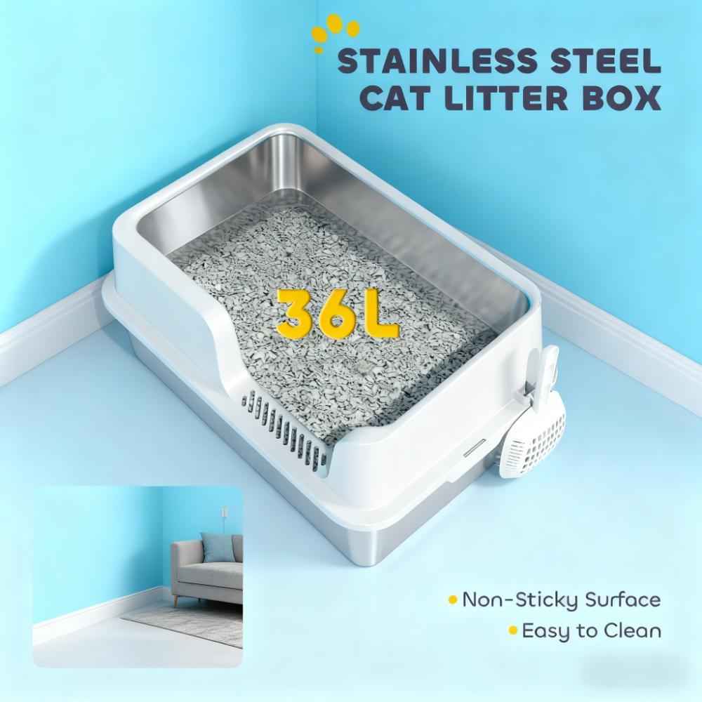 Stainless Steel Litter Box with High Side, Scoop for Big Cats