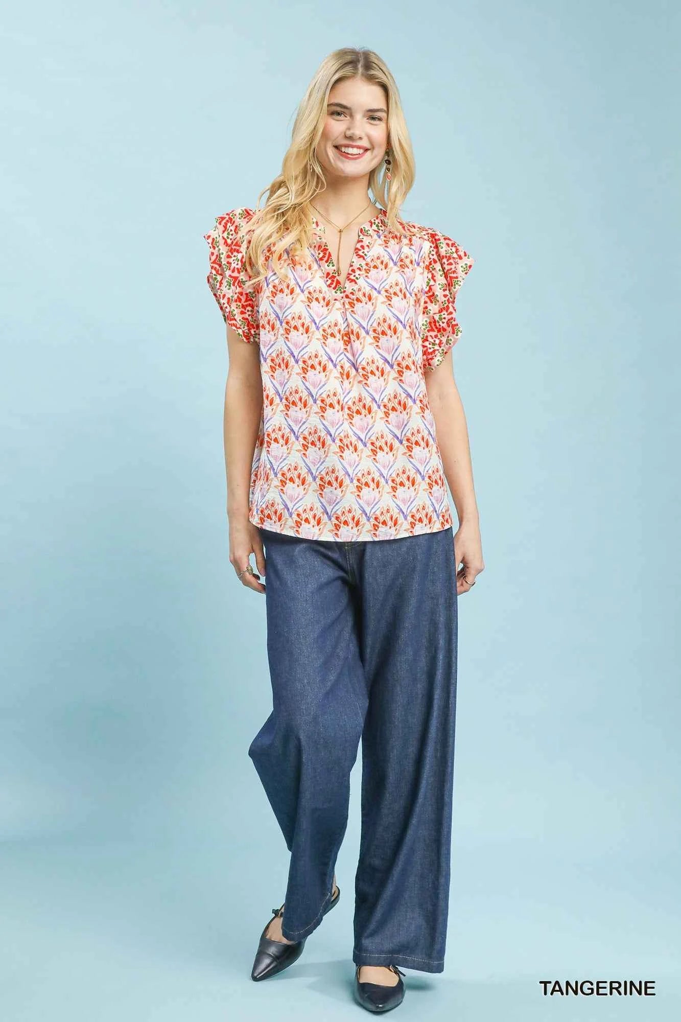 Umgee Double Frill Sleeve Floral Blouse
