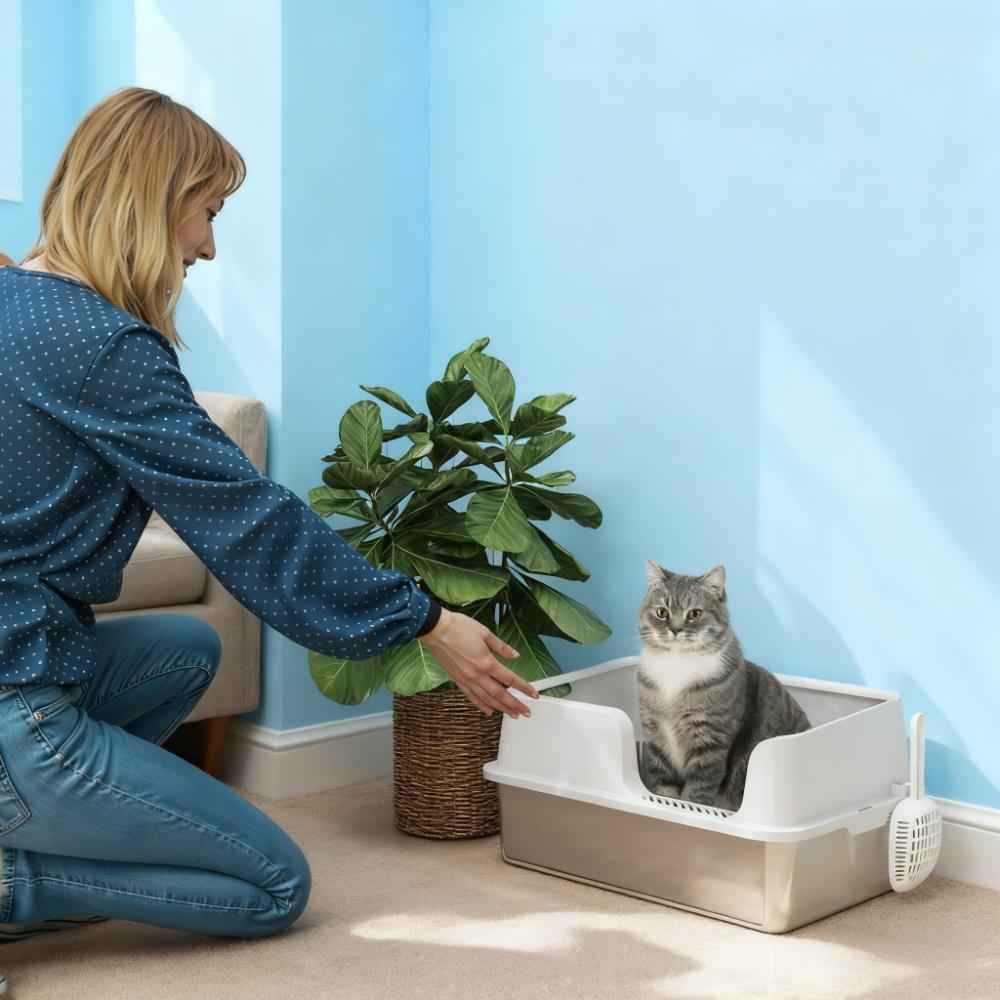 Stainless Steel Litter Box with High Side, Scoop for Big Cats