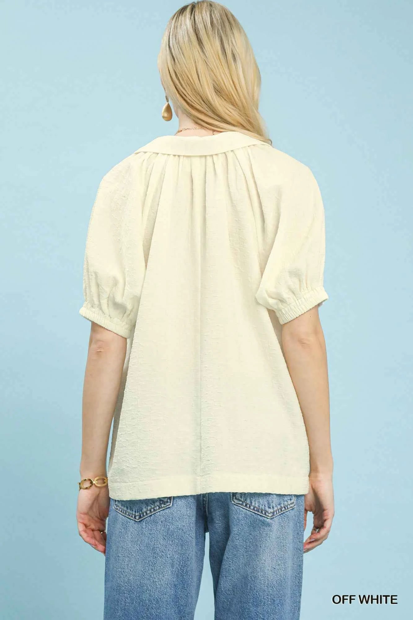Umgee Textured Trim Detail Short Sleeve Top
