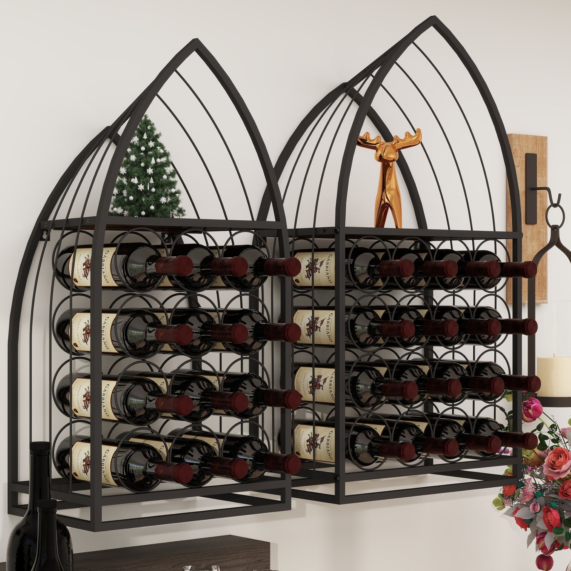Two black metal sailboat-shaped wine racks mounted on a wall, each holding twelve bottles of wine.