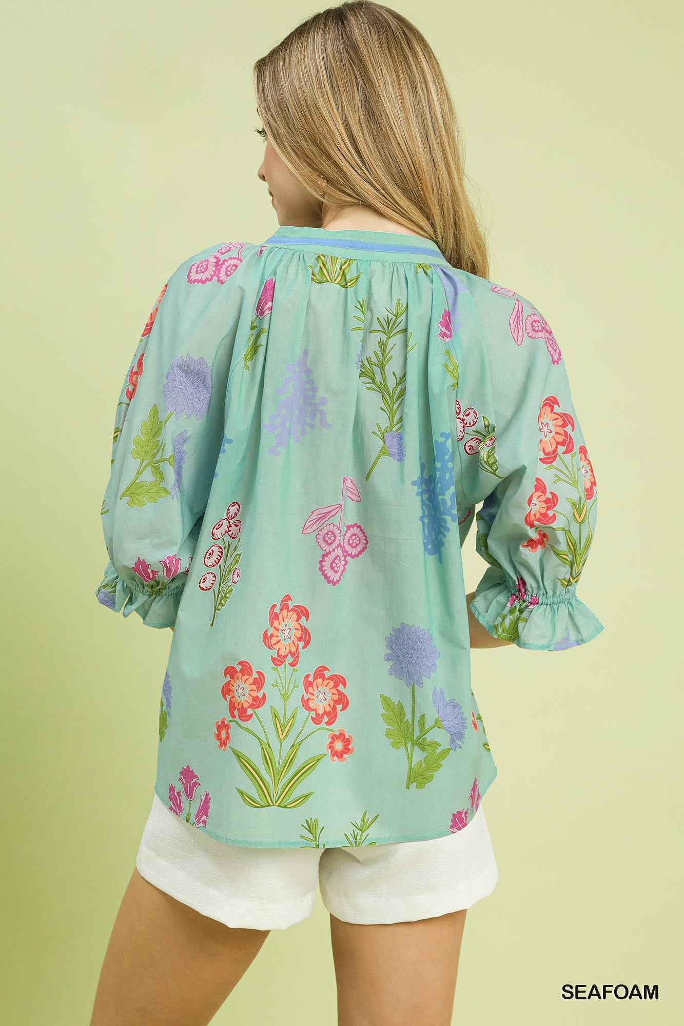 Umgee Floral Split Neck Puff Sleeve Top