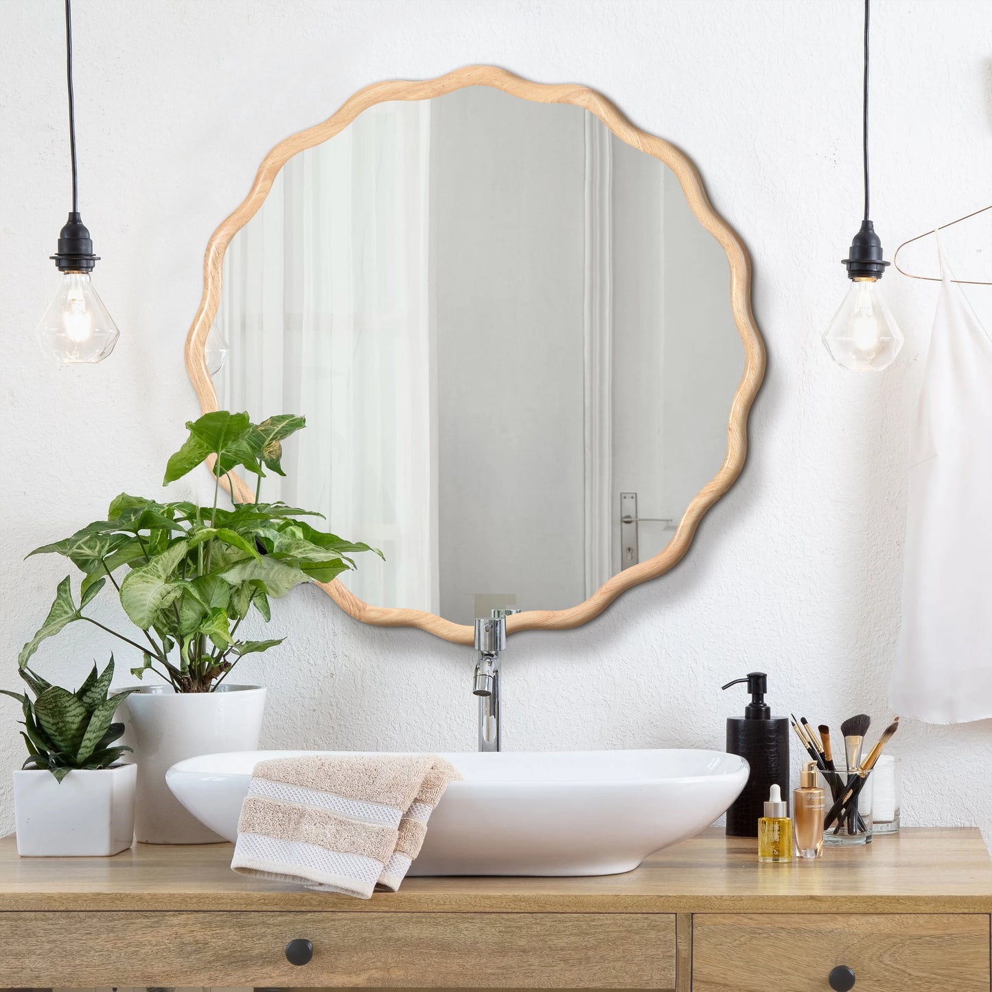 Solid Wood Wavy Mirror--Natural-Wood Vanity Mirror Wall Decor 31' x 31' Modern Mirror Wall Decor for Bathroom, Bedroom, Living Room, Dining Room, Cloakroom, Entryway
