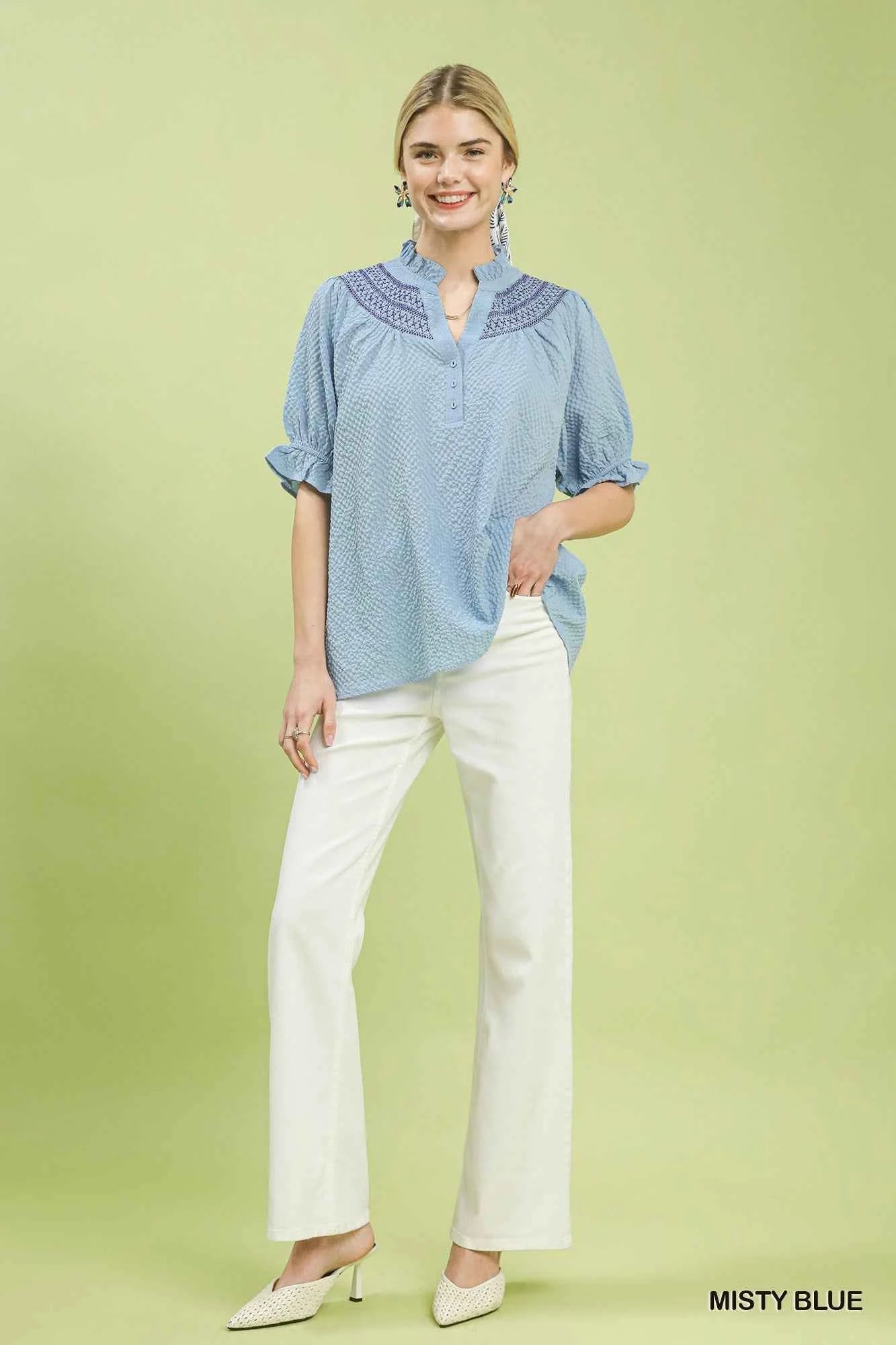 Umgee Textured Henley Blouse with Ruffle Cuffs