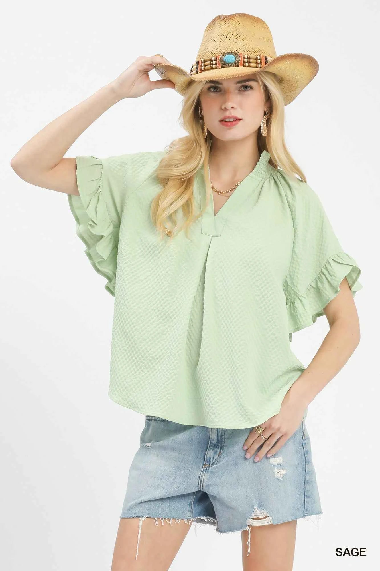 Umgee Textured Ruffle Sleeve Blouse