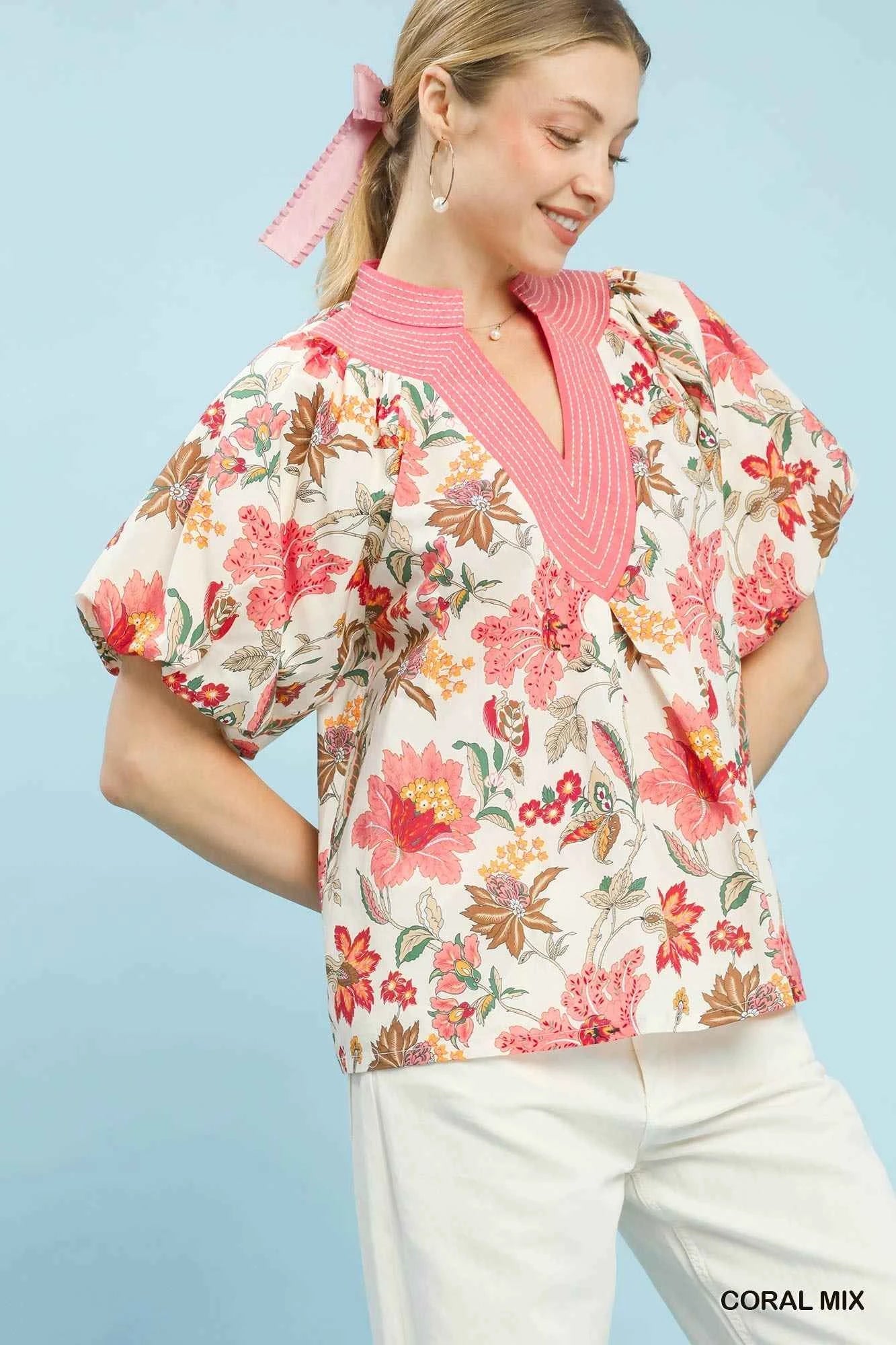 Umgee Mix Floral Puff Sleeve Blouse