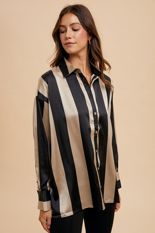 Annie Wear Striped Dropped Shoulder Button Up Shirt