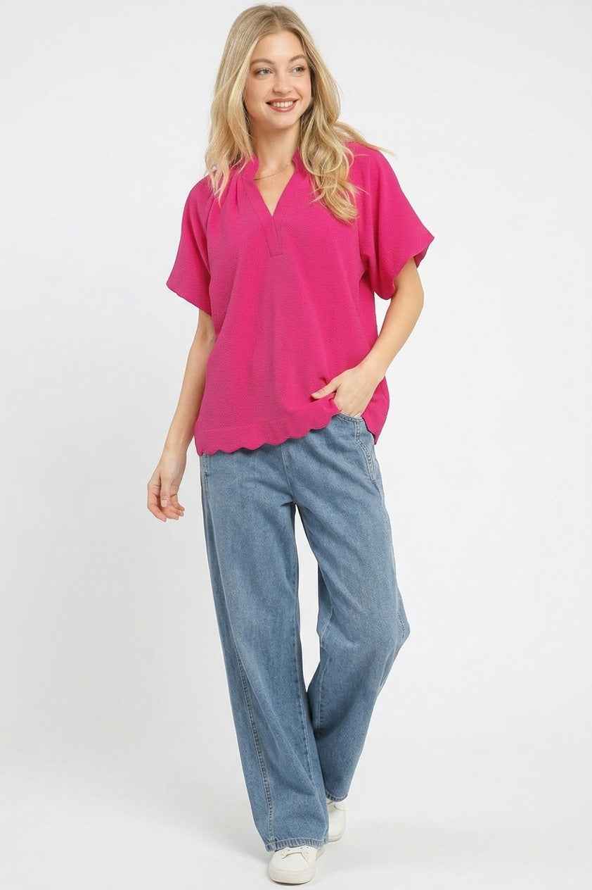 Umgee Scalloped Hem Textured Blouse