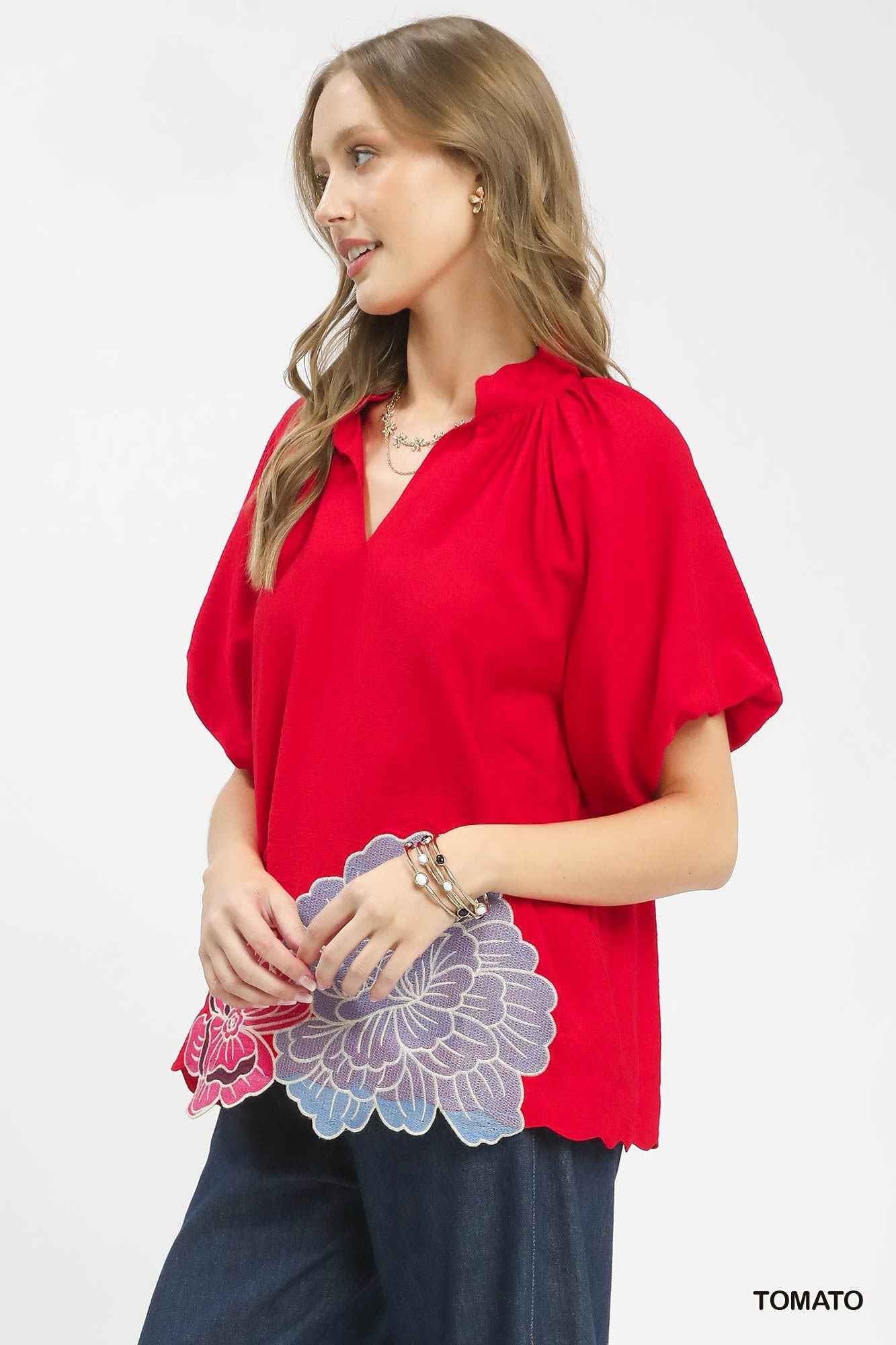 Umgee Floral Embroidered Hem Blouse