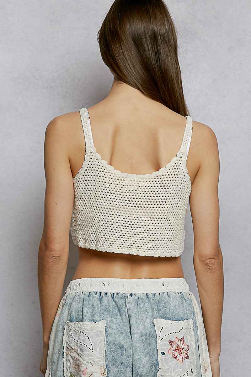 POL U-Neck Cropped Crochet Cami with Floral Embroidery Detail