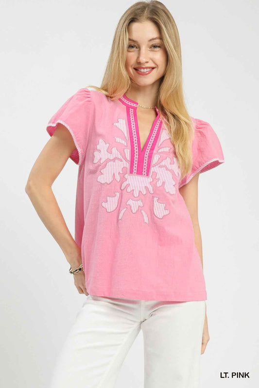 Umgee Abstract Applique Split Neck Top
