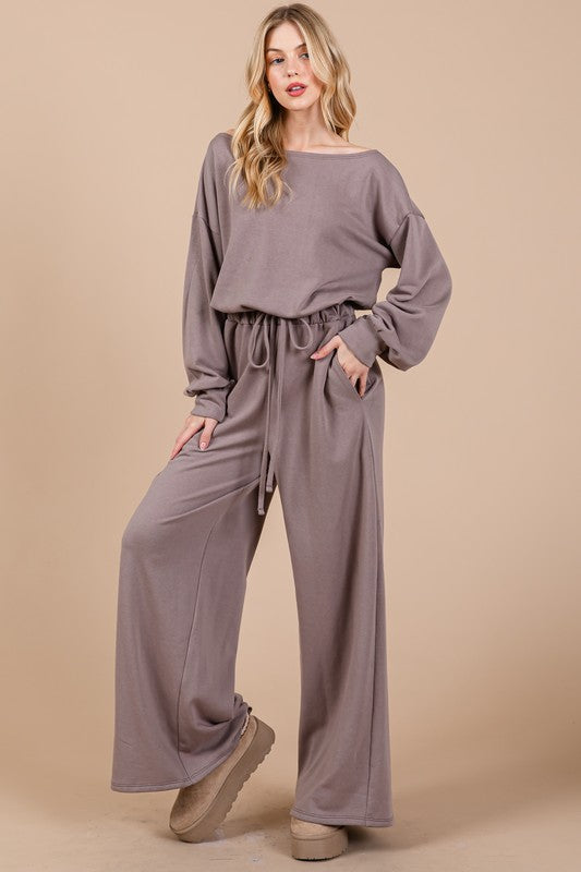 Ces Femme Boat Neck Long Sleeve Drawstring Jumpsuit