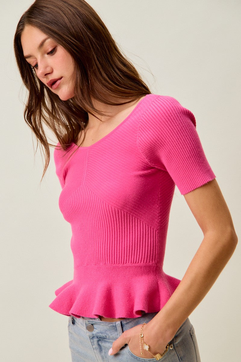 SO ME Ribbed Knit Short Sleeves Peplum-Max