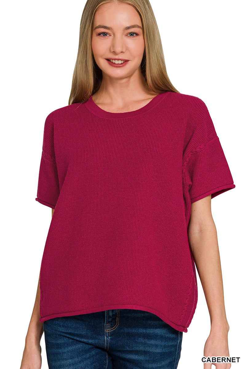 Zenana Viscose Round-neck Short Sleeve Sweater