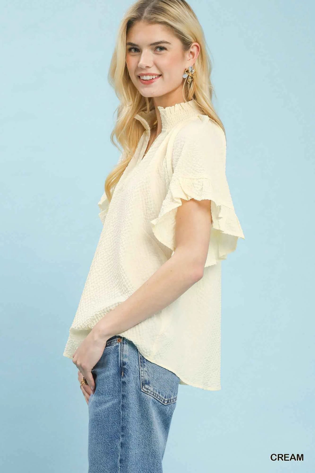 Umgee Textured Ruffle Sleeve Blouse