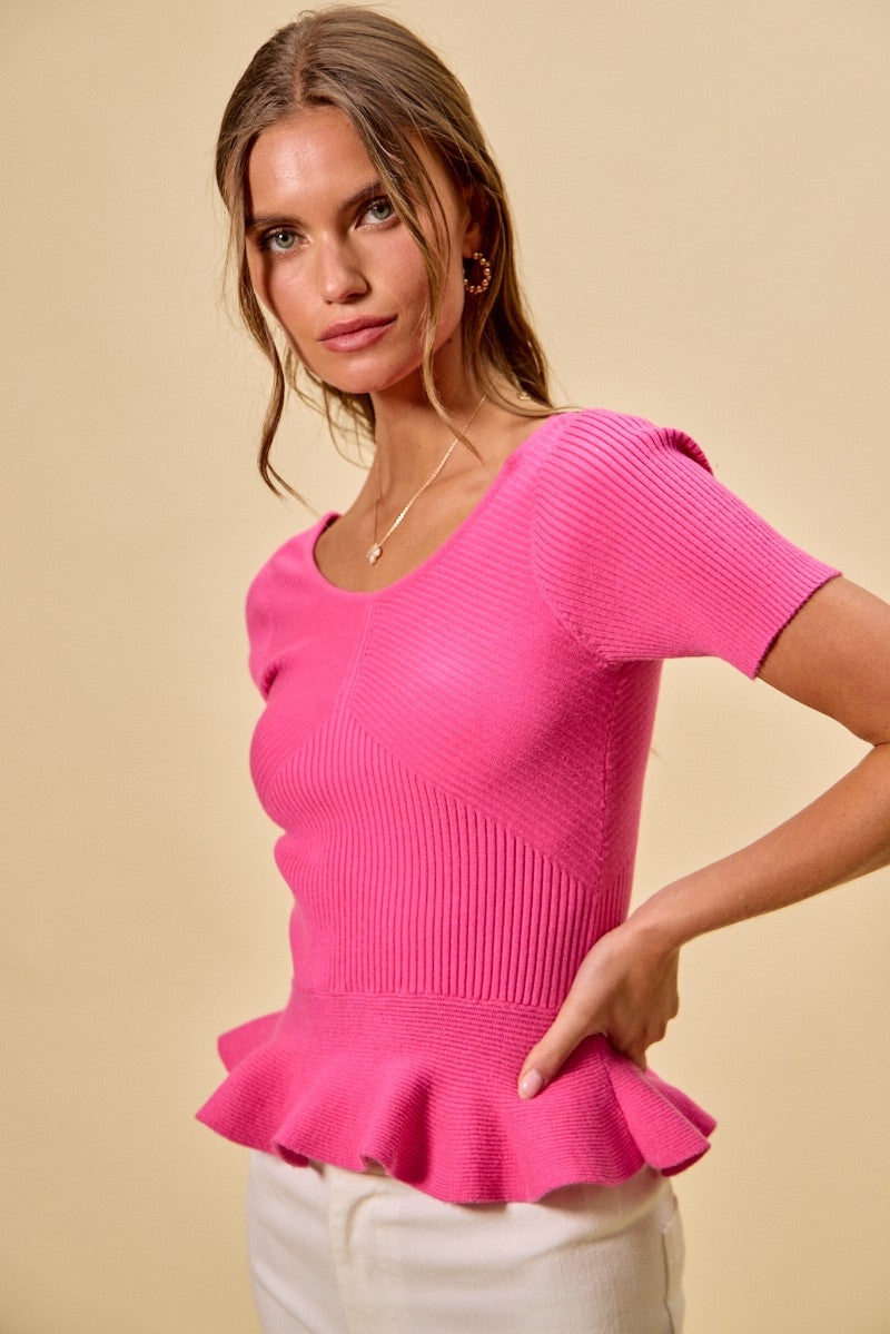 SO ME Ribbed Knit Short Sleeves Peplum