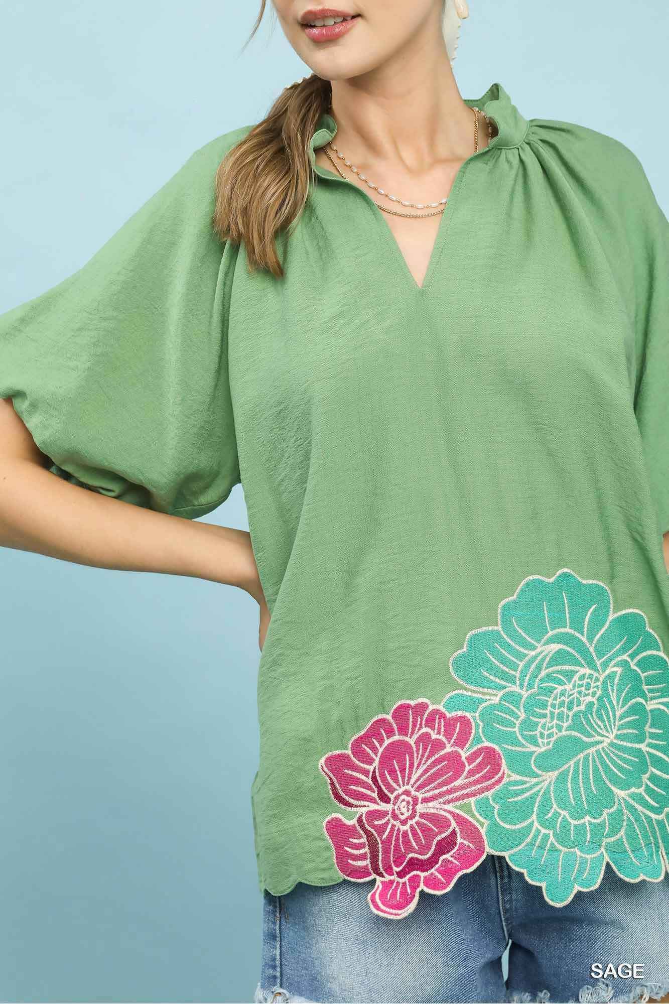 Umgee Floral Embroidered Hem Blouse