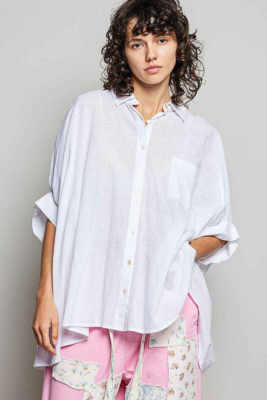 POL Button Down Half Dolman Sleeve Shirt