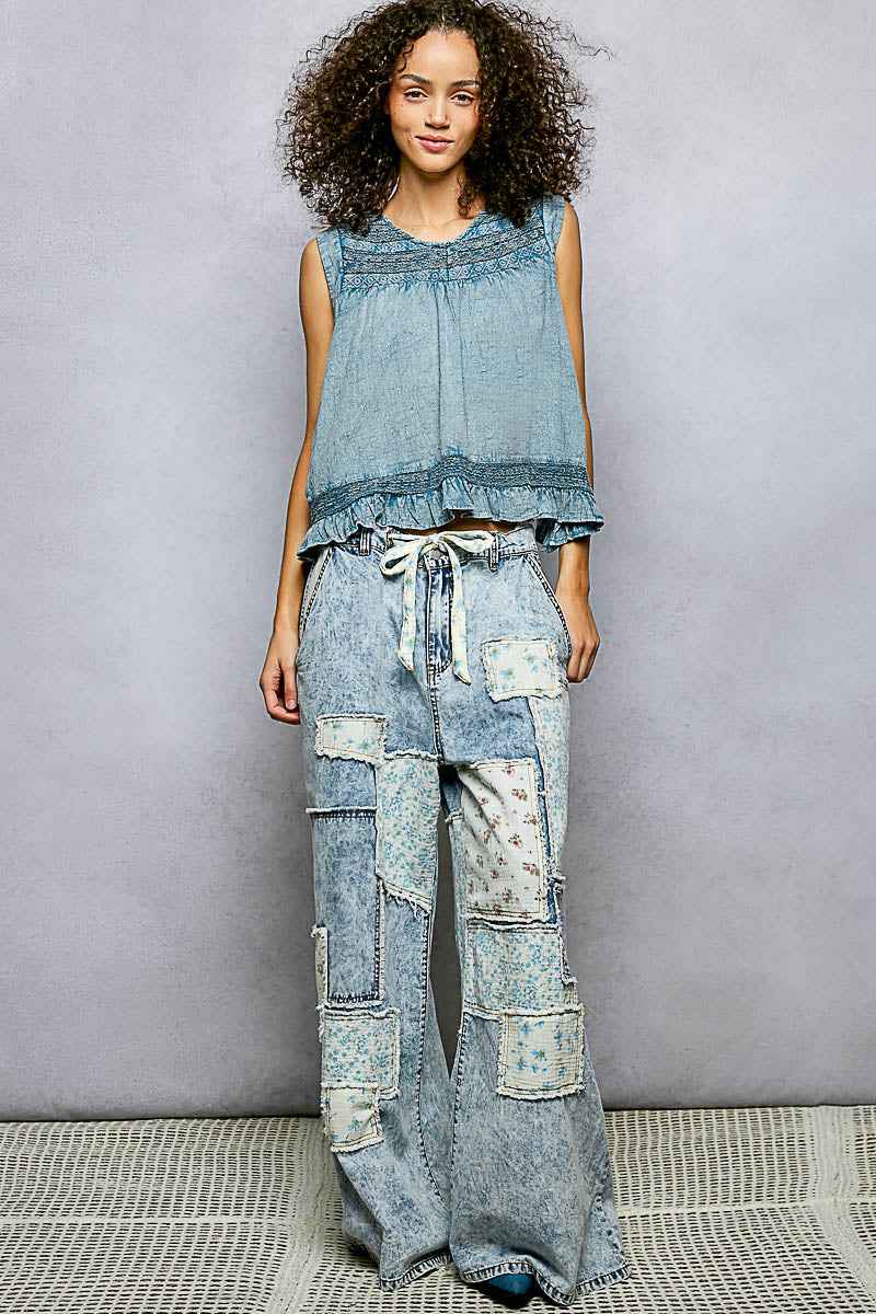 POL Button Closure on Back Ruffled Sleeveless Cotton Blouse with Trim Detail