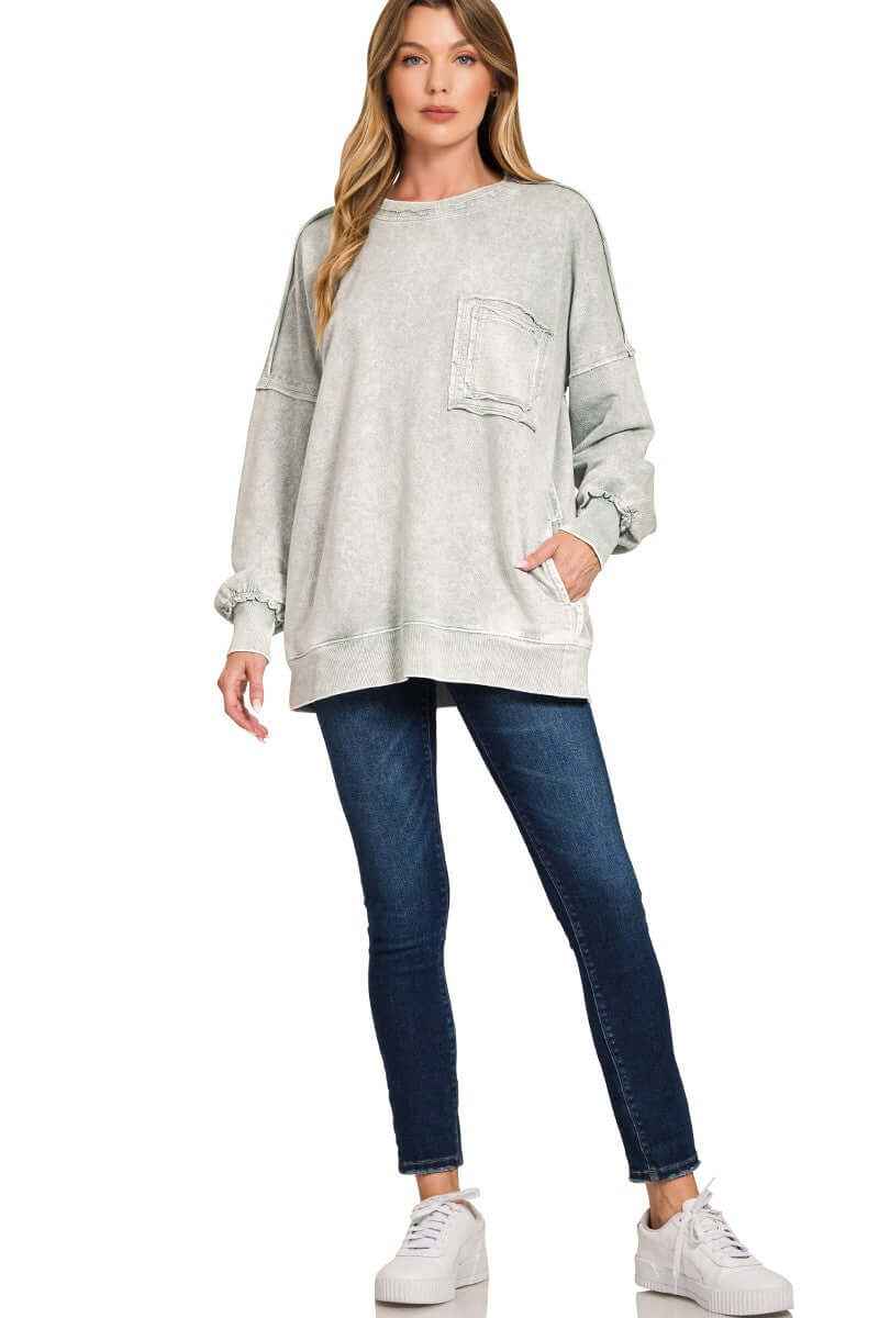 Zenana Halo Washed French Terry Exposed-seam Sweatshirt