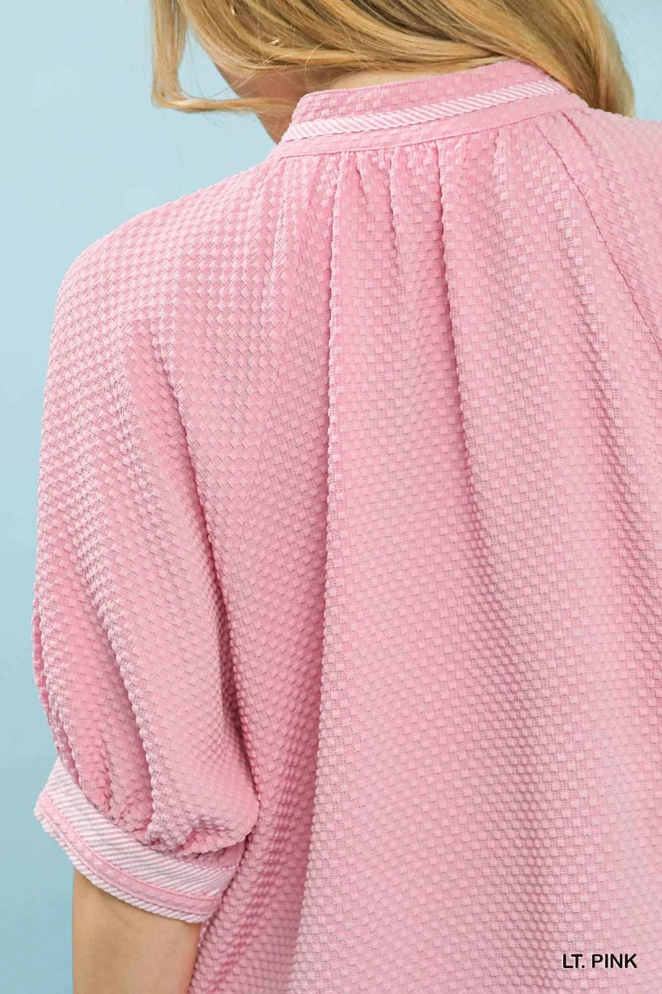 Umgee Textured Jacquard Contrast Trim Top