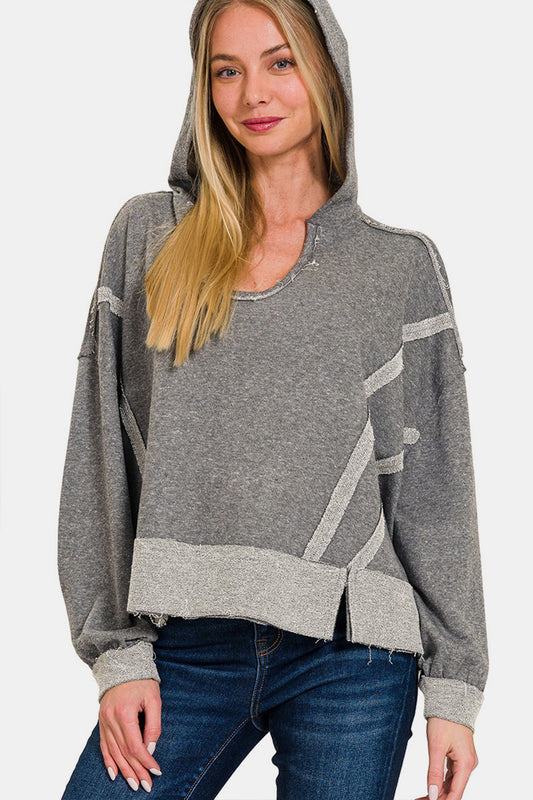 Zenana Contrast Trim Slit Hoodie