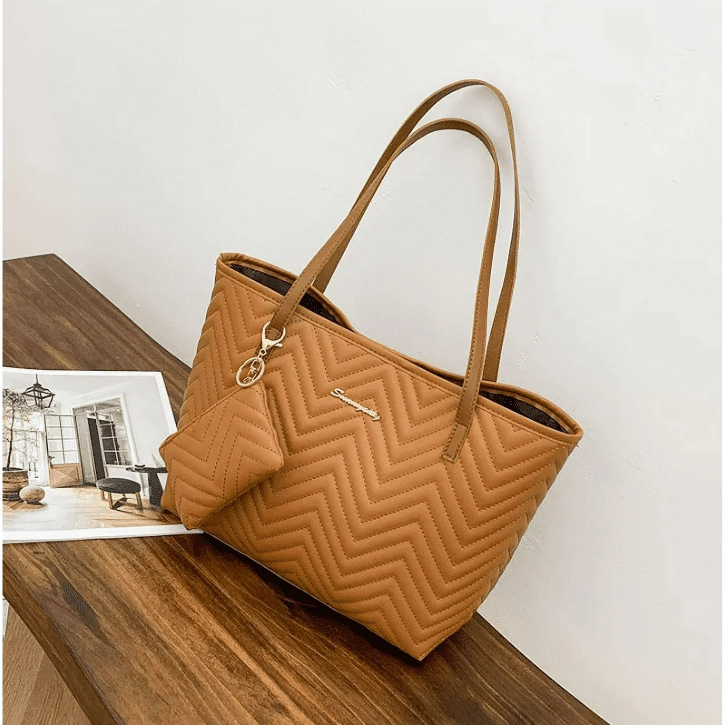 Women's Fashionable Wave Pattern Diamond Plaid Embroidered Shoulder Bag