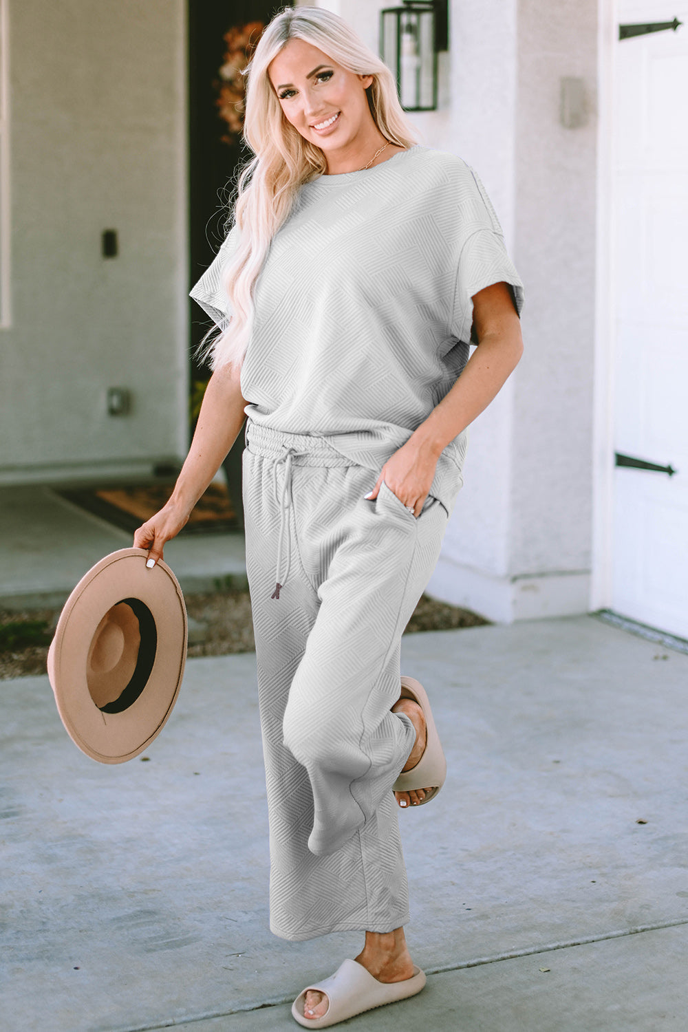 Double Take Texture Set - Full Size Short Sleeve Top and Pants Set