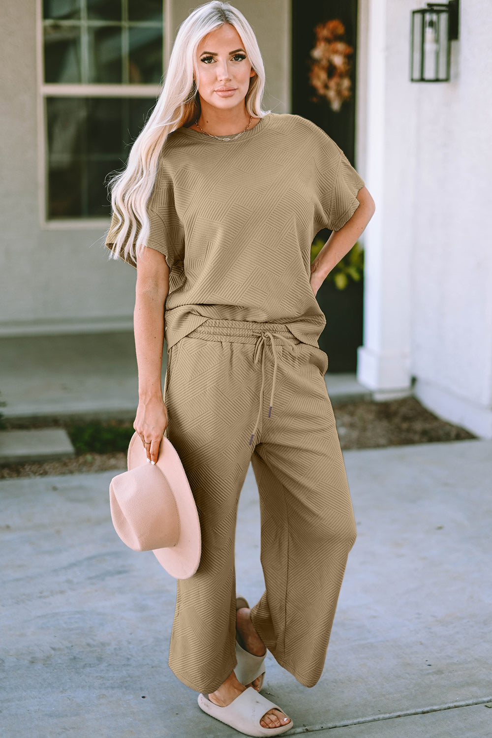 Double Take Texture Set - Full Size Short Sleeve Top and Pants Set