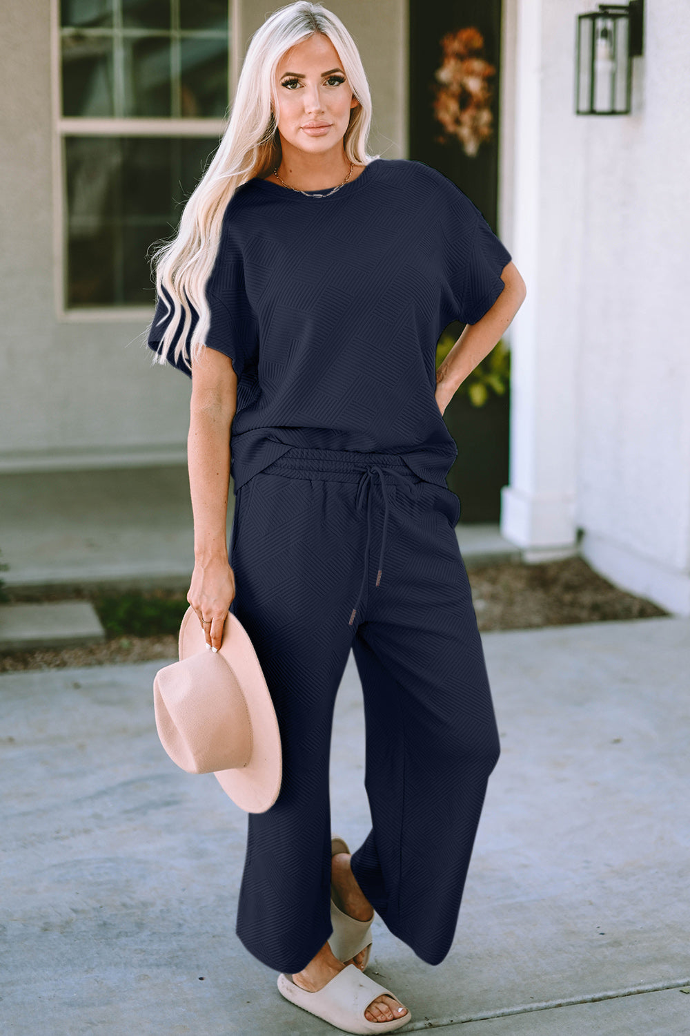 Double Take Texture Set - Full Size Short Sleeve Top and Pants Set