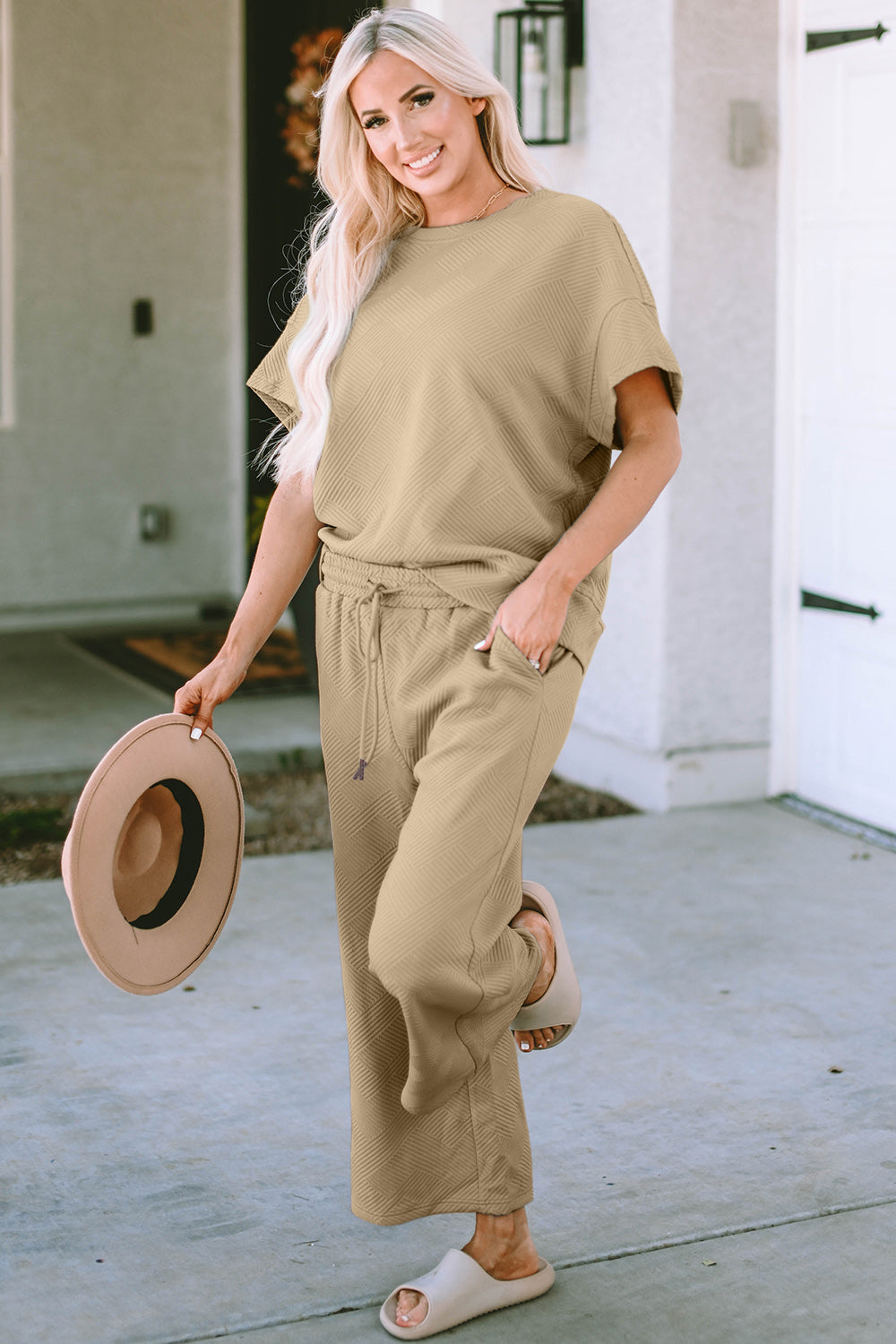 Double Take Texture Set - Full Size Short Sleeve Top and Pants Set